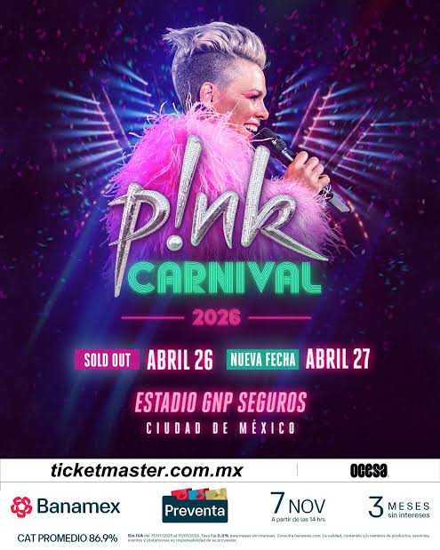 P!NK, conciertos 2026, Estadio GNP Seguros, CDMX conciertos, pop internacional, shows en México, boletos conciertos flyer cartel abril