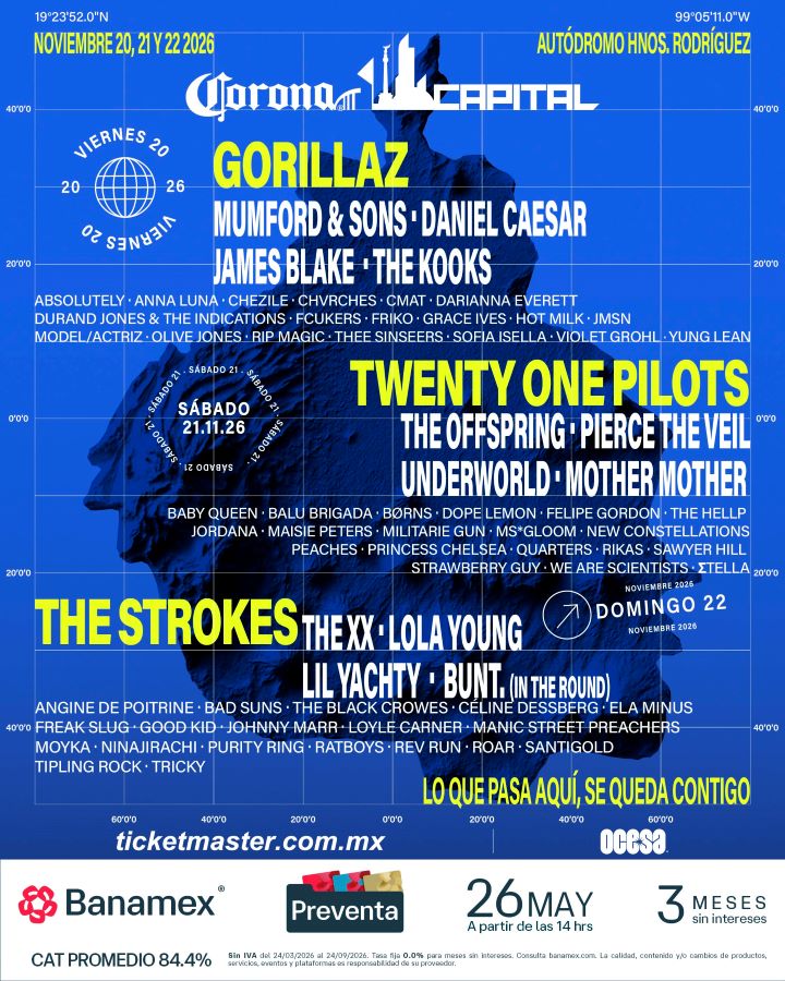 
corona-capital-2026-concierto-festivales-cartel-line-up-the-strokes-twenty-one-pilots-boleyos-ticketmaster-ocesa-angine-de-petine-gorillaz 