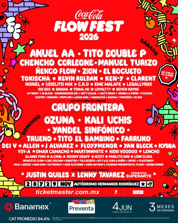 Coca-Cola Flow Fest 2026, Flow Fest, Anuel AA, Ozuna, Kali Uchis, reggaetón, música urbana, Autódromo Hermanos Rodríguez